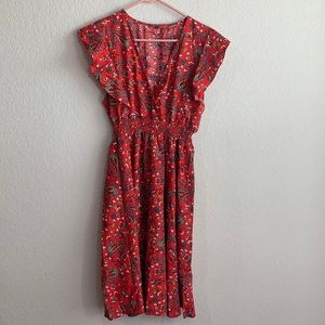 Women’s Red Paisley Print Dress with Ruffle Sleeves Size L